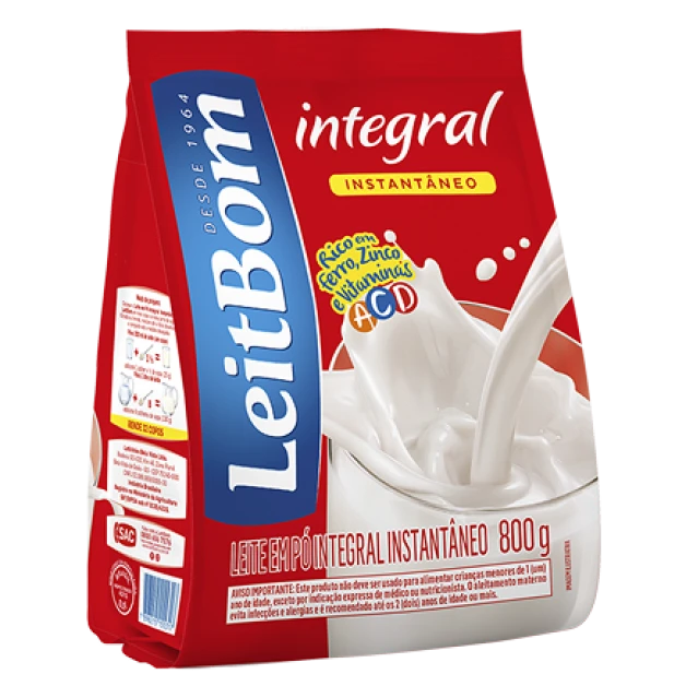Leite em pó integral instantâneo 800 g embalagem do produto